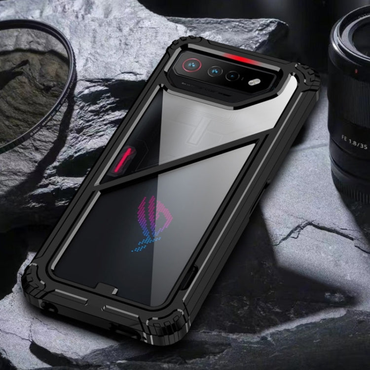Black and translucent rugged shockproof phone case with magnetic holder, reinforced corners