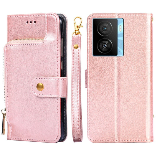 Rose gold leather zipper phone case with magnetic strap and card slots