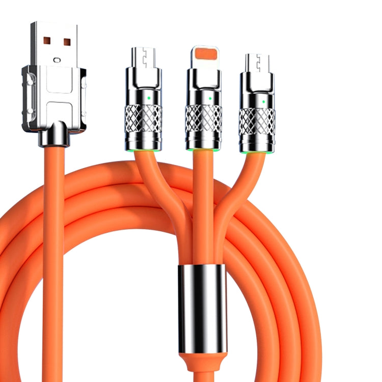 Orange 3-in-1 fast charging data cable with metal USB connectors and silicone boot