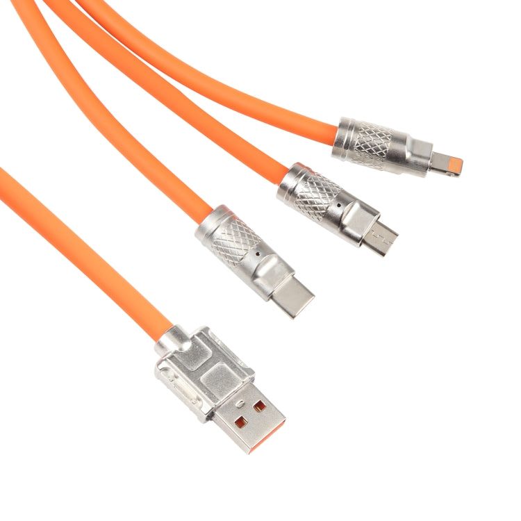 Orange 3-in-1 charging cable with metal connector tips: USB-A, micro, and type-C