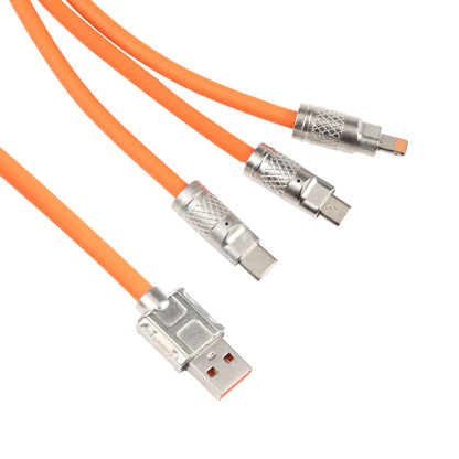 Orange 3-in-1 charging cable with metal connector tips: USB-A, micro, and type-C