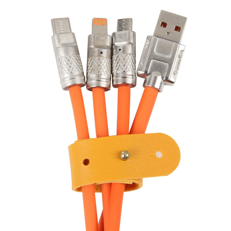 Orange multi-connector charging cable with silver metal plugs and orange securing strap
