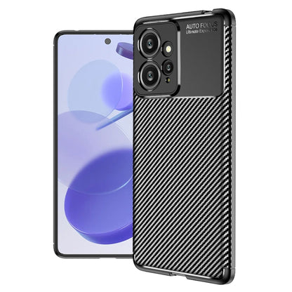 Carbon fiber texture TPU phone case in dark gray, with camera cutouts and raised edges.