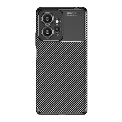 Carbon fiber texture TPU phone case back view with triple-camera cutout and flash opening.