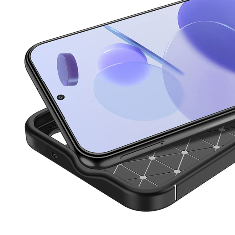 Carbon fiber TPU phone case with shockproof bumper frame, front corner edge view.
