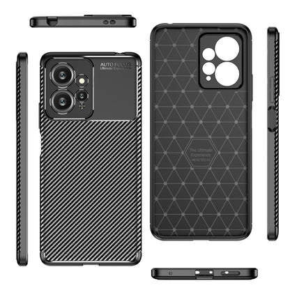 Carbon fiber texture TPU phone case showing back, front, and side views with geometric pattern.