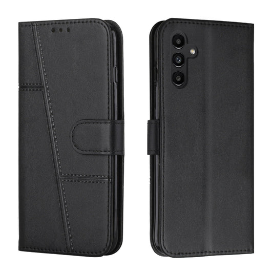 Black leather phone case with folio flap, stitched panel and buckle strap