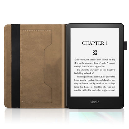 Beige interior leather tablet case with tree pattern folio; screen held open