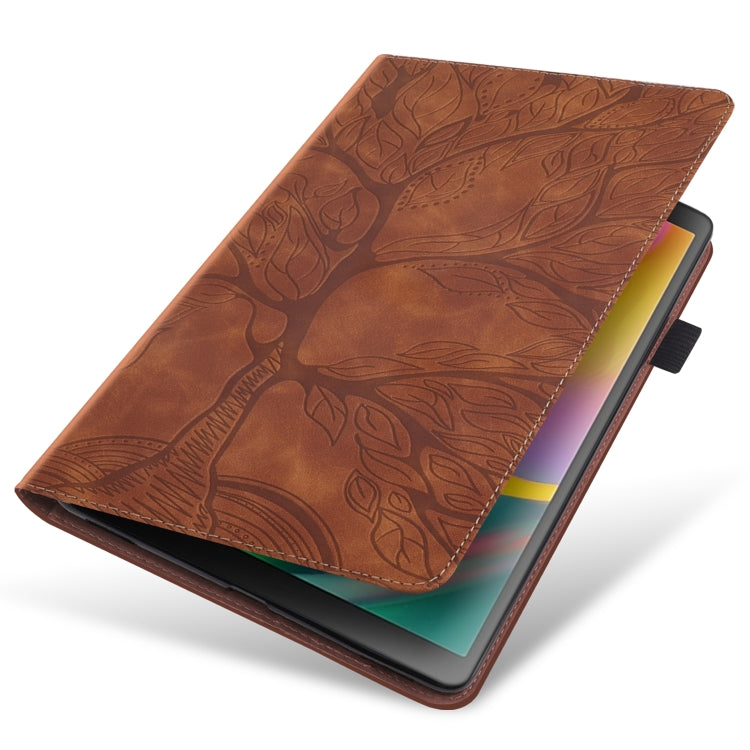 Brown leather tablet case with embossed tree pattern; viewing stand angled open