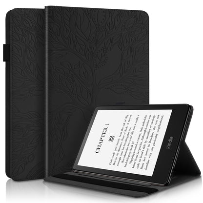 Black leather tablet case with embossed tree pattern, horizontal flip cover, and stand