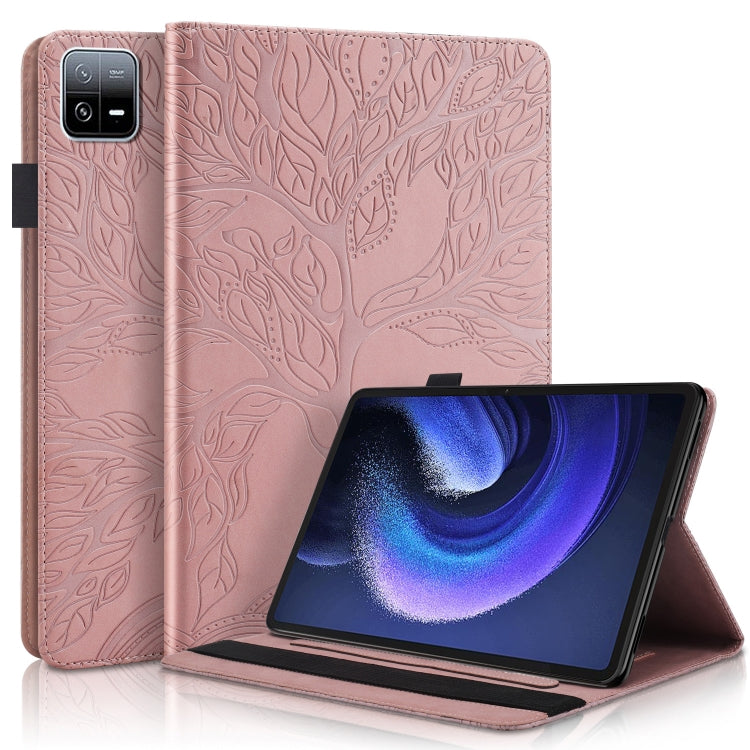 Rose gold embossed leather-style tablet flip case with stand, leaf pattern.