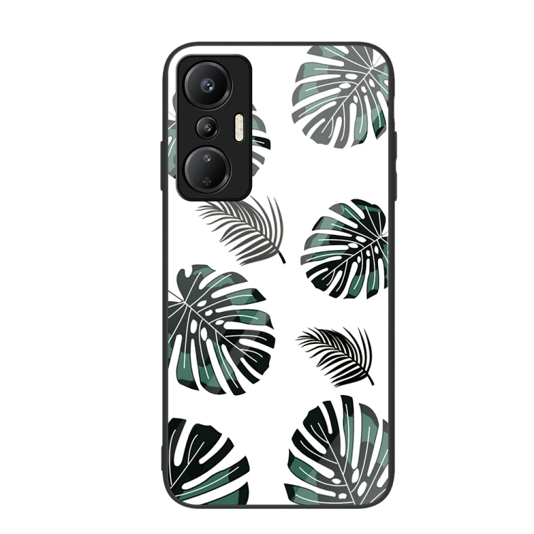 Glass phone case with black frame and green tropical leaf painted pattern