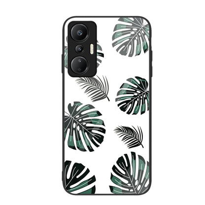 Glass phone case with black frame and green tropical leaf painted pattern