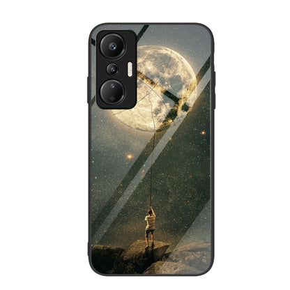 Glass phone case with starry night print, moon over landscape, dark navy tones