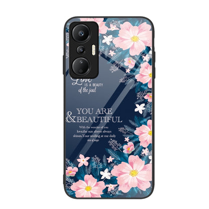 Glass phone case with pink flowers and blue botanical painted design