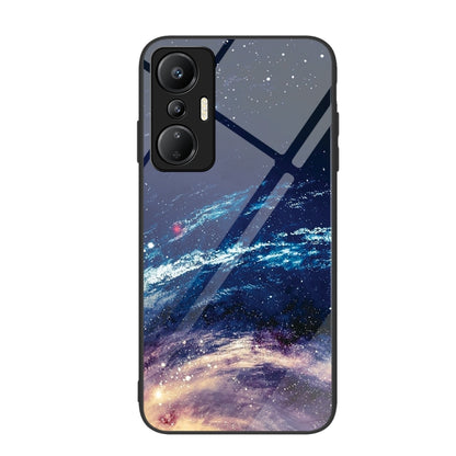 Glass phone case with galaxy star field print and blue diagonal light streaks