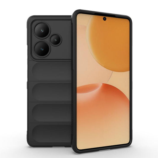 Black phone case with flannel-style texture and cutouts for camera and ports