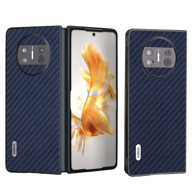 Carbon fiber texture protective phone case for Huawei Mate X3, dark blue open and closed