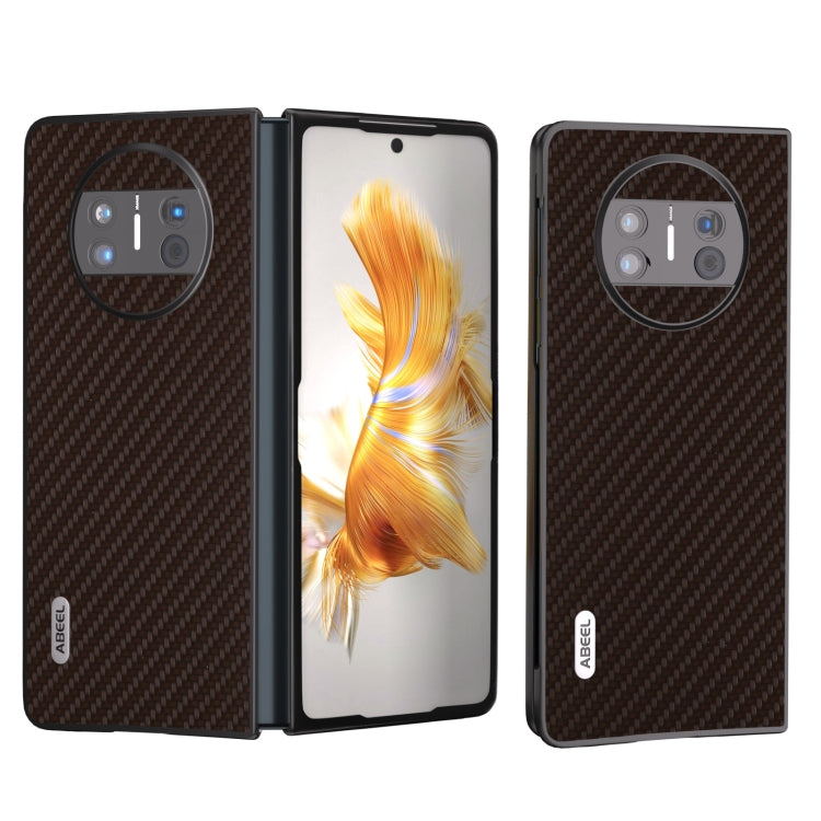 Carbon fiber texture protective phone case for Huawei Mate X3, dark brown open and closed
