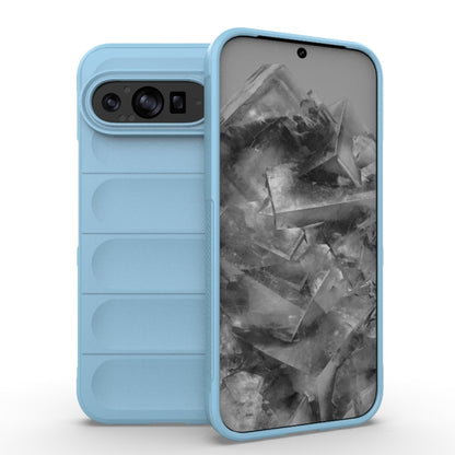 Light blue TPU phone case with textured back flaps and camera cutouts for Pixel phone