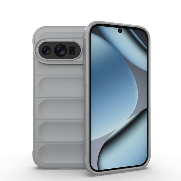 Light gray TPU phone case with flannel lining, thick bumper and camera cutout