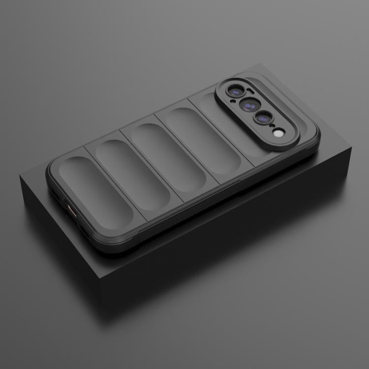 TPU and flannel phone case in dark gray with raised camera cutout and grip pads