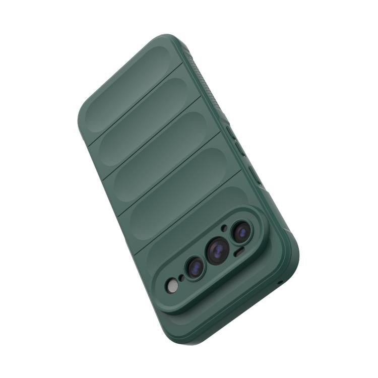 Dark green TPU and flannel phone case with raised camera area and grip ridges
