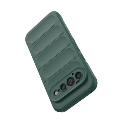 Dark green TPU and flannel phone case with raised camera area and grip ridges