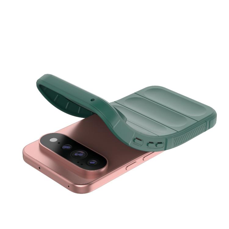 Open dark green TPU and flannel phone case showing front cover and camera cutout