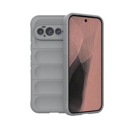 Light gray TPU and flannel phone case with textured rose front panel and camera openings