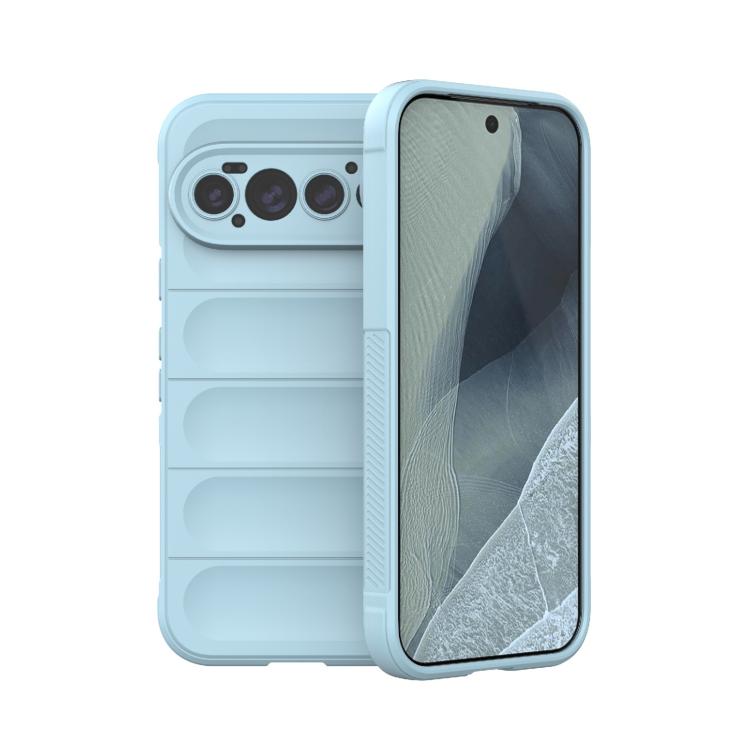 Light blue TPU phone case with flannel lining, raised camera cutouts and side grip