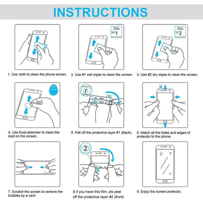 Screen protector installation instructions with cleaning wipes and application steps