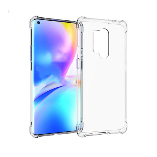Clear TPU protective phone case with cutouts and raised edges for screen and camera