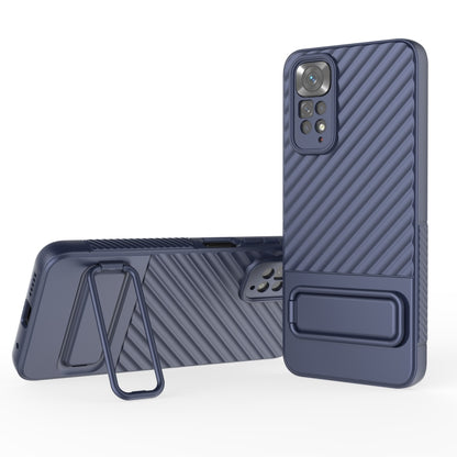Blue wavy TPU phone case with lens film, camera cutouts, and rear kickstand