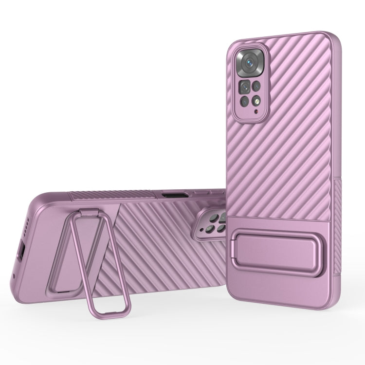 Purple wavy TPU phone case with lens film, camera cutouts, and rear grip stand