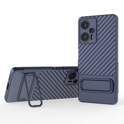 Royal blue wavy TPU phone case with lens film, camera cutouts, and kickstand