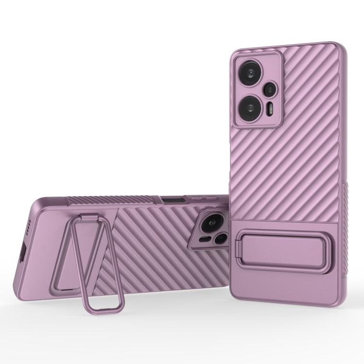 Purple wavy TPU phone case with lens film, camera cutouts, and kickstand