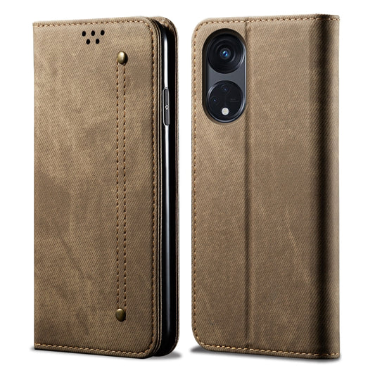 Khaki flip phone case for OPPO A98 5G, denim-texture leather with stitching