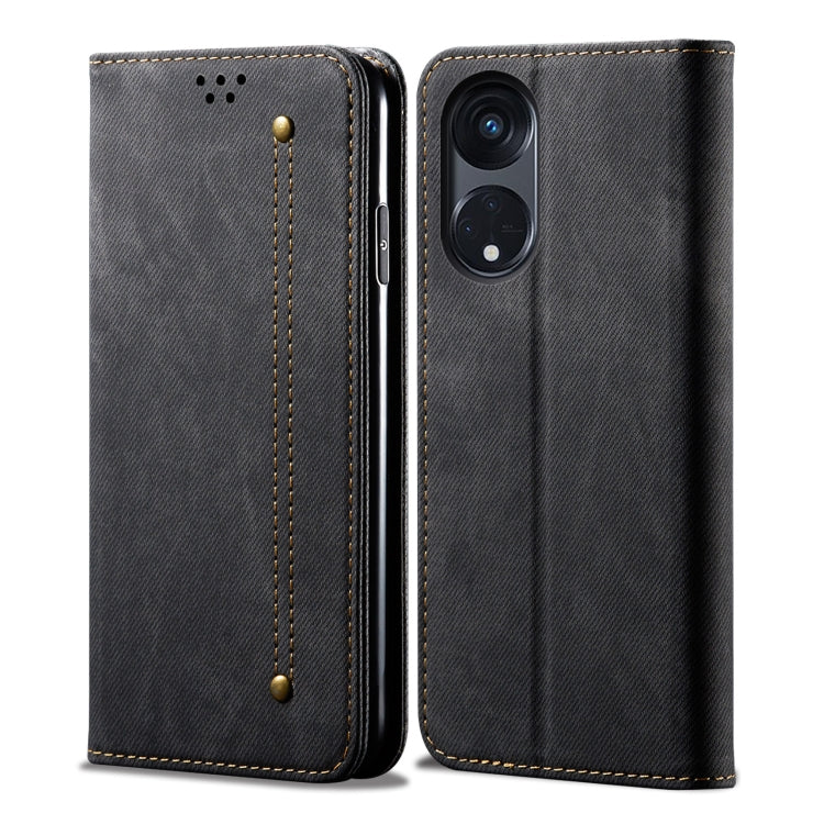 Dark gray/black flip phone case for OPPO A98 5G, denim-texture leather with stitching