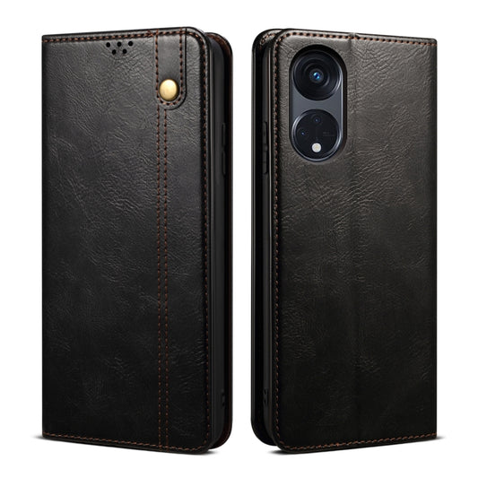Black oil-wax crazy horse leather phone case with front flap and stitched edges