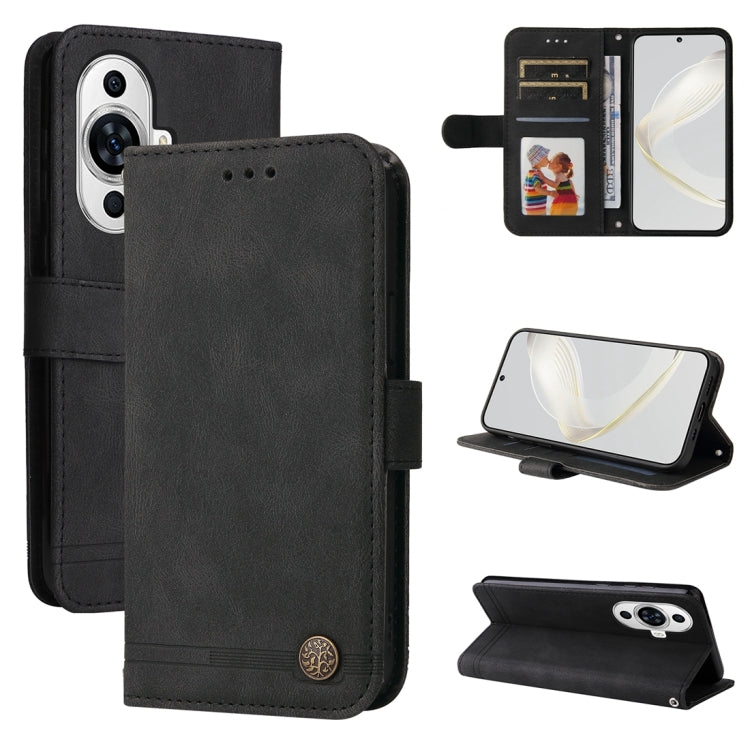 Black leather-style wallet phone case with flip cover, card slots, and metal button