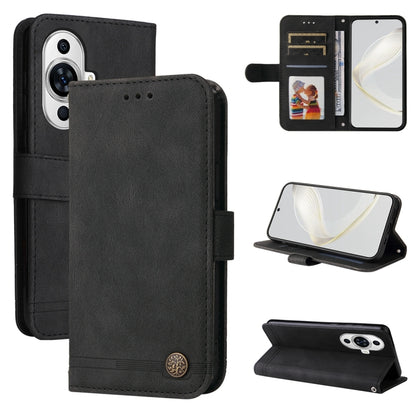 Black leather-style wallet phone case with flip cover, card slots, and metal button