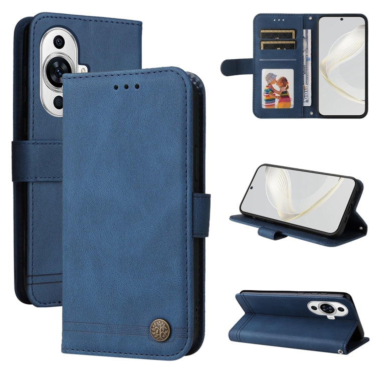 Blue leather-style wallet phone case with flip cover, card slots, and metal button
