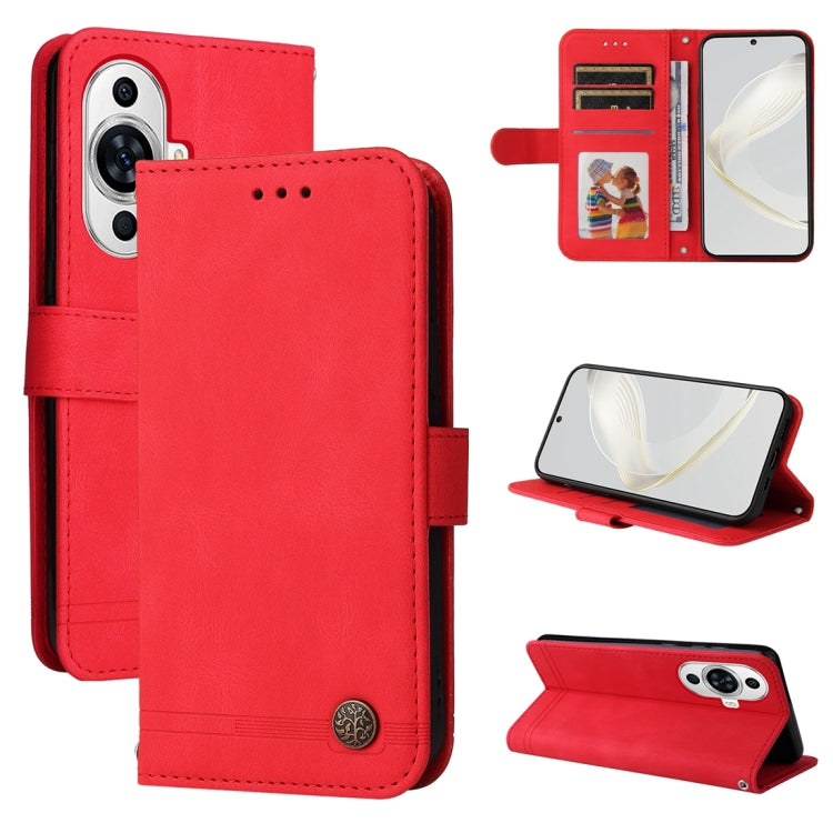 Red flip wallet leather phone case with metal button, card slots, and stand.