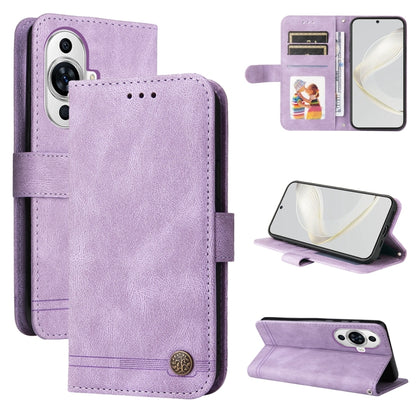 Purple flip wallet leather phone case with metal button, card slots, and stand.