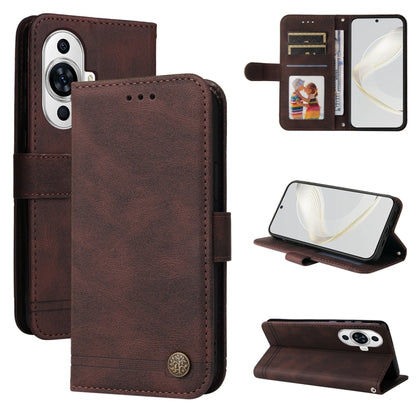 Brown flip wallet leather phone case with metal button, card slots, and stand.