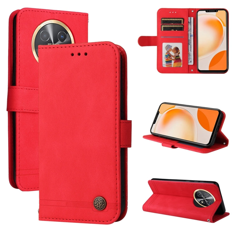 Red leather phone case with metal button, card slots and kickstand.