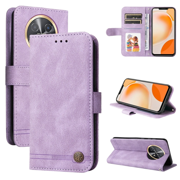 Purple leather phone case with metal button, card slots and kickstand.