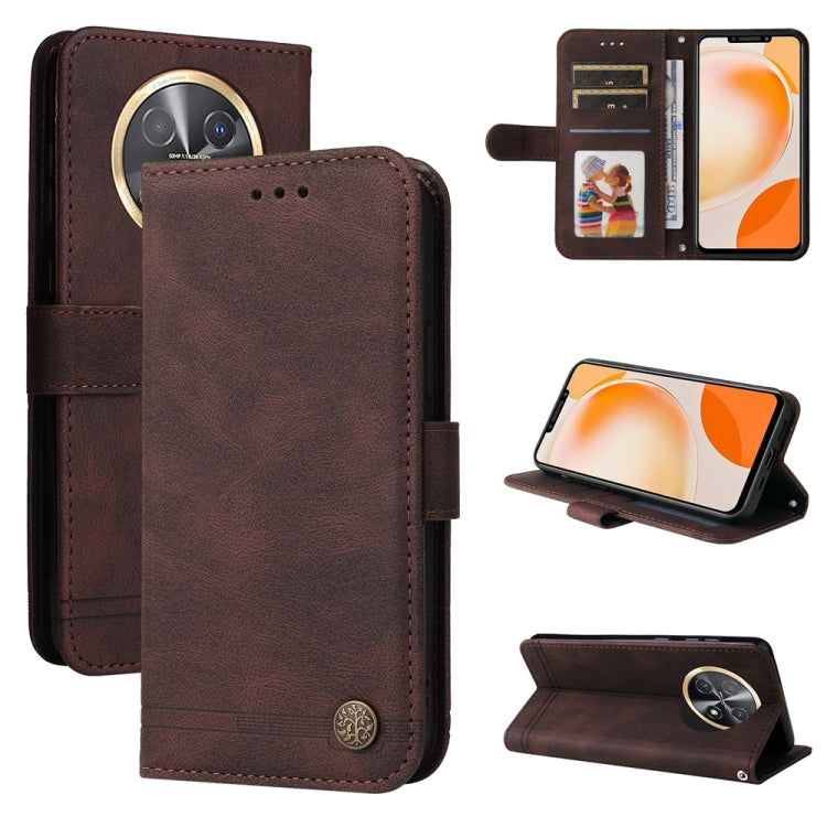 Brown leather phone case with metal button, card slots and kickstand.