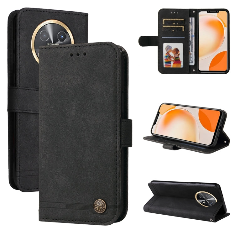 Black leather phone case with metal button, card slots and kickstand.